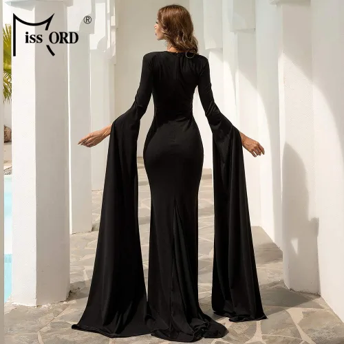 Vista 6 de Miss ord Vestido de fiesta sexy de sirena con mangas divididas para mujer, vestido de fiesta de malla de contraste, vestido largo de sirena