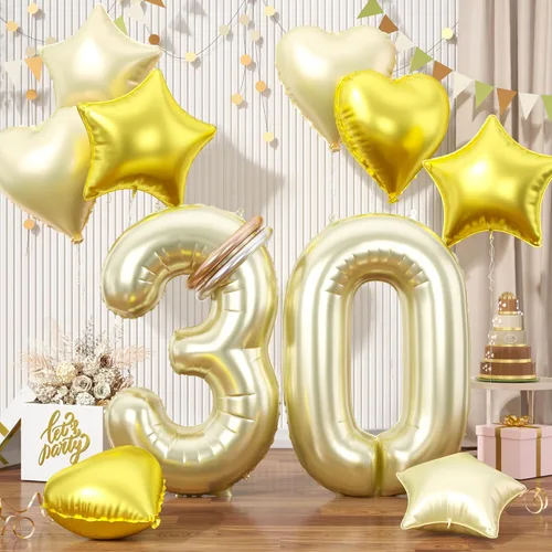 Vista 25 de Globos dorados de color champán con el número 11, globos de oro claro, globo de aluminio dorado con forma de corazón con estrella y globo largo
