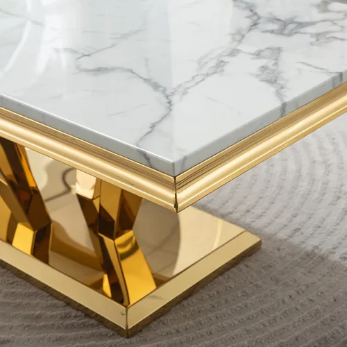 Vista 7 de SSLine Mesa auxiliar rectangular de mármol sintético para sala de estar, moderna mesa central de mármol blanco de lujo con base de diamante dorado