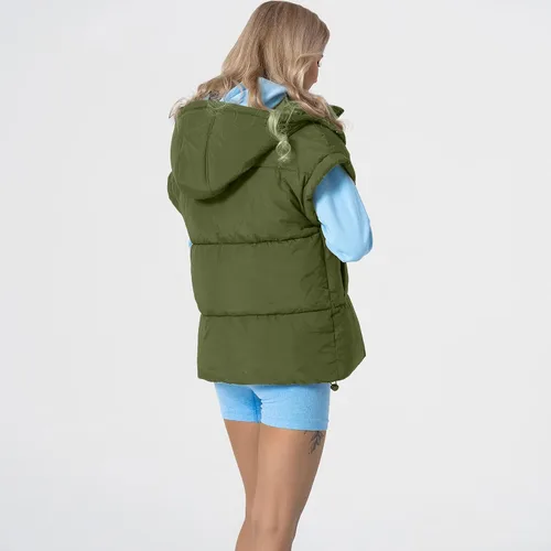 Vista 20 de Shiyifa Chaleco acolchado para mujer, chaqueta de gran tamaño, sin mangas, ligera, con cremallera, con capucha desmontable