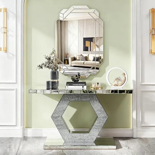 Vista 21 de Mesa Consola Negra con Espejo, Mesa de Sofá de Cristal Rectangular de 48 pulgadas con Elementos Tallados Vintage con Espejo, Muebles de Espejo