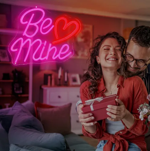 Vista 6 de Letrero de neón con forma de corazón de San Valentín con texto en inglés «Be Mine», 14.2 x 11.4 pulgadas, decoración de San Valentín, letrero