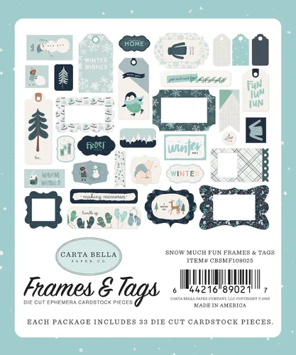 Vista 3 de Carta Bella Paper Company Snow Much Fun Marcos y etiquetas efímera, azul, verde azulado, verde, azul marino, crema, gris, 12 x 12 pulgadas