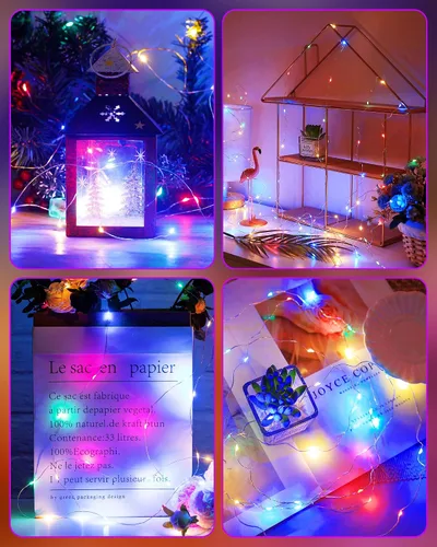 Vista 7 de Luces de hadas que funcionan con pilas, luces de cuerda centelleantes impermeables con cable plateado de 5 pies y 60 LED, luces de fuegos