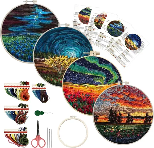 Vista 2 de Maydear Paquete de 4 kits de inicio de bordado con patrón, kits de punto de cruz estampados para principiantes y adultos con aro de bordado e