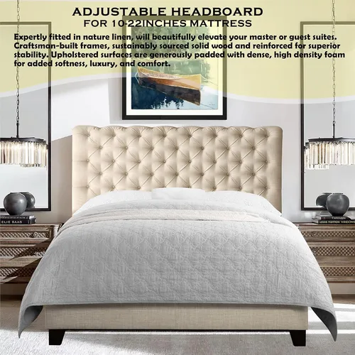 Vista 2 de Rosevera Corrine - Base de cama tapizada con cabecero acolchado con botones, cabecera ajustable, cabecera enrollada, soporte de listones de madera