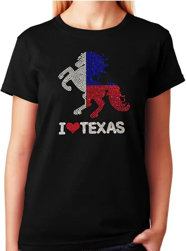 Vista 2 de Camiseta unisex con texto en inglés "I Love Texas con caballo en diamantes de imitación