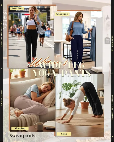 Vista 210 de Neer - Conjunto de 3 pantalones de yoga de pierna ancha para mujer - Pantalones deportivos cómodos, holgados, de cintura alta y casuales