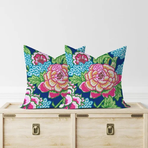 Vista 8 de Juego de 2 almohadas coloridas de estilo chinoiserie, color rosa intenso, azul real, peonía, floral, blanco, lino, estilo chinoiserie, para sofá