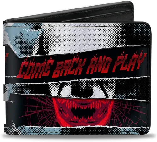 Vista 6 de Buckle-Down Billetera de películas de terror para hombre, plegable, con texto en inglés "It Chapter Two Pennywise Come Back and Play", cuero vegano
