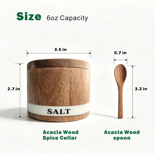 Vista 6 de ThougrLyh Bodega de sal, recipiente de sal de madera de acacia con tapa y cuchara, etiqueta de caja de sal grabada desmontable y cierre magnético