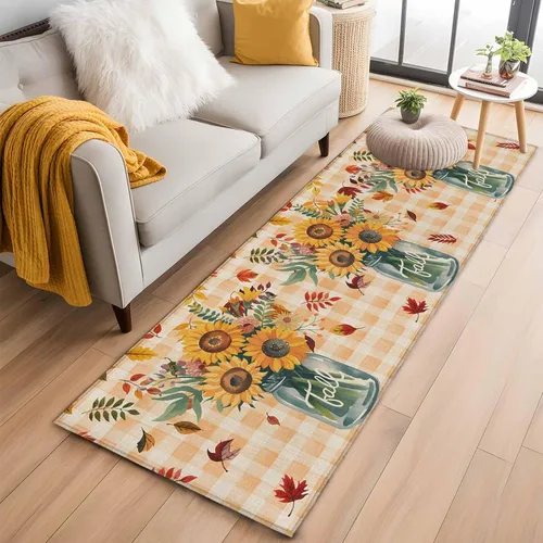 Vista 14 de Small Area Rugs 2x3 Ft, Sunflower Non-Slip Area Rugs for Living Room Bedroom Entryway, Orange Plaid Farmhouse Leaves Watercolor Retro Washable