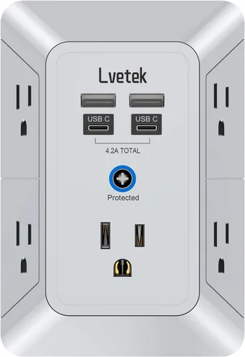 Vista 13 de Extensor de tomacorriente, protector de sobretensiones con 5 enchufes múltiples y 4 puertos USB (2 USB C), cargador de pared de regleta