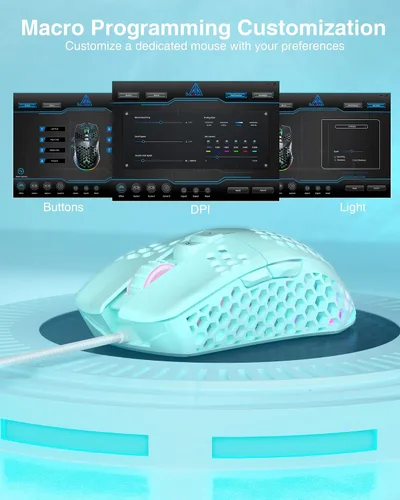 Vista 4 de SOLAKAKA SM900 - Ratón verde con cable para juegos con diseño de nido de abeja, 12800 DPI, 7 botones programables, ratón ligero y ergonómico