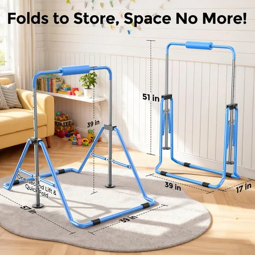 Vista 8 de Sportsroyals Barra de gimnasia para niños, barras horizontales de gimnasia de altura ajustable, barra de gimnasia plegable para el hogar, color rosa