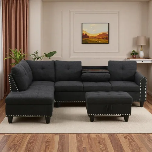 Vista 4 de Sofá seccional en forma de L con chaise móvil y otomana de almacenamiento, cómodo sofá modular convertible de 3 piezas para sala de estar