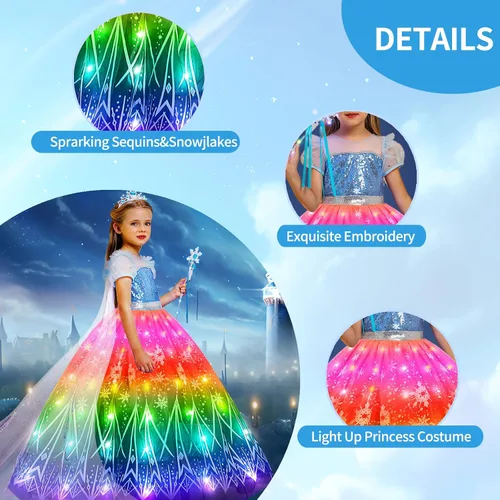 Vista 4 de CIYTI Disfraz de princesa iluminado para niños, vestido de princesa para Halloween, Navidad, ropa para niños