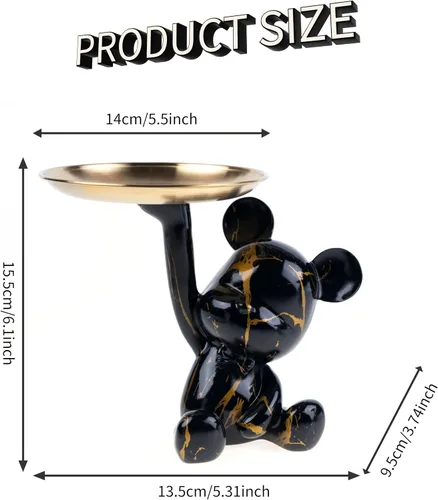 Vista 2 de Bandeja Portavellas con Escultura de Oso Decorativa, Estatua de Animal para Hogar, Bandeja de Almacenamiento para Mesa de Entrada (Negro y Oro)