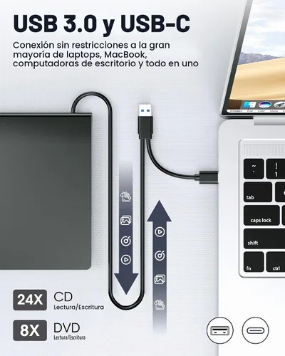 Vista 4 de ROOFULL - Unidad externa de CD y DVD para portátil USB 3.0 Tipo-C, ultra delgada