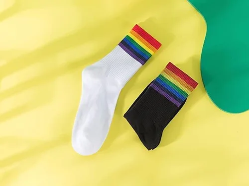 Vista 8 de 6 pares de calcetines de arco iris para mujer, a rayas, retro, calcetines atléticos para correr, calcetines casuales de algodón, blanco y negro