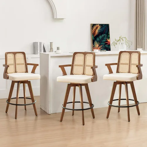Vista 25 de Juego de 2 Taburetes de Mostrador - Taburetes Giratorios de 27 Pulgadas con Respaldo de Ratán, Brazos Curvos, Asiento Tapizado, Patas de Bambú Nogal