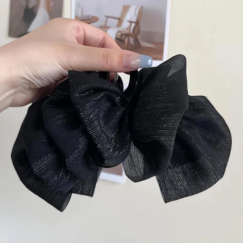 Vista 7 de Clip de pasador francés de satén sedoso con lazo grande para mujer, lazo de seda de gasa, clips de burbujas en capas de tul esponjoso, accesorios