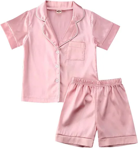 Vista 18 de Conjunto de pijama de satén para bebés y niños pequeños, pijamas de manga larga con botones para niñas 4 de julio