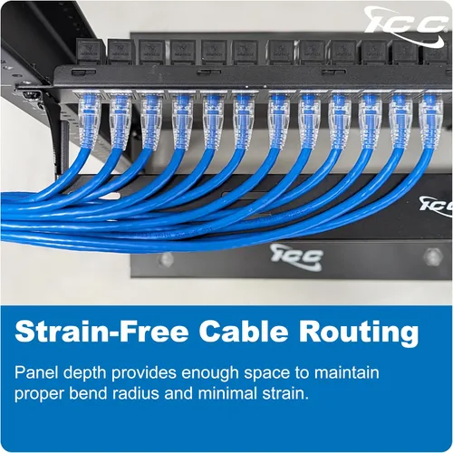 Vista 2 de ICC Panel de soporte para administrador de cables, espacio de montaje en rack de 1U, acabado de recubrimiento en polvo negro, organización de cables