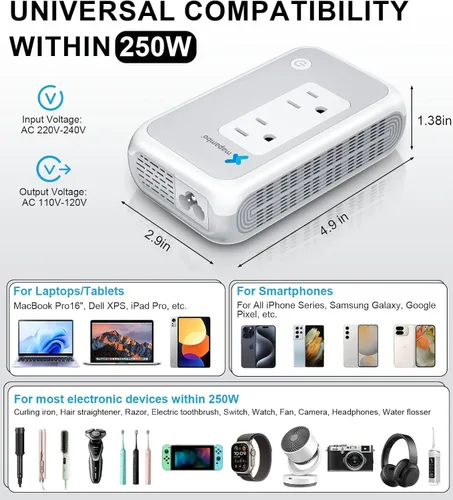 Vista 8 de Convertidor de voltaje de Estados Unidos a Europa para rizador y alisadores de cabello, convertidor de 220 V a 110 V para adaptador de enchufe