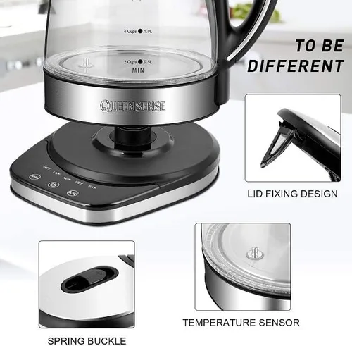 Vista 3 de QUEENSENSE - Teteras eléctricas de vidrio para agua caliente con luz LED azul de 1,7 L