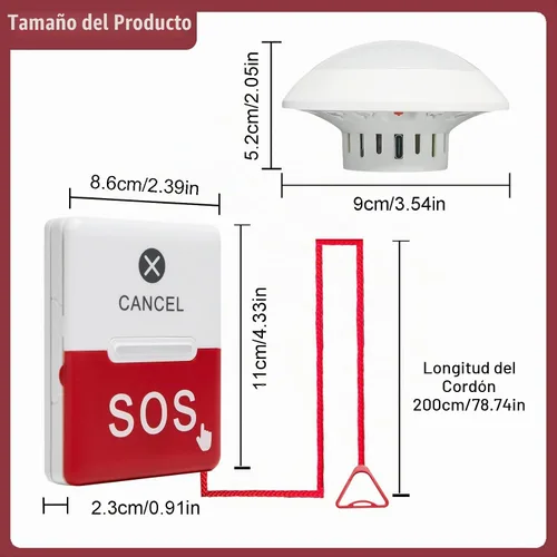 Vista 6 de Botón inalámbrico de llamada de emergencia para ancianos, alarma de cable de extracción de baño con luz estroboscópica, 1 receptor de atención