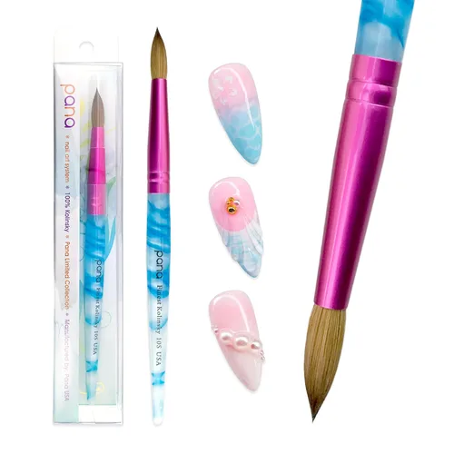 Vista 7 de PANA Pure Kolinsky - Cepillo de uñas acrílicas para el cabello, forma redonda, casquillo rosa con mango azul remolino blanco (talla 10)
