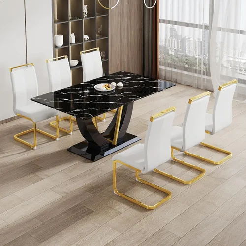 Vista 7 de Juego de mesa de comedor de 71 pulgadas para 8, juego de mesa de comedor de mármol sintético negro para 8, juego de mesa de cocina rectangular