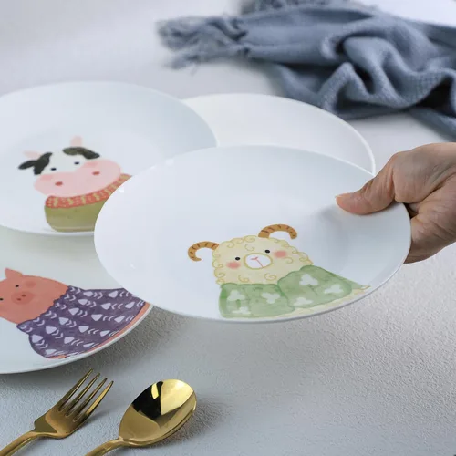 Vista 6 de Lindos platos de cena de cerámica con patrón de animales de dibujos animados, juego de 4 cerdos, ovejas, vaca, 8 pulgadas Cerdo Oso Oveja Vaca