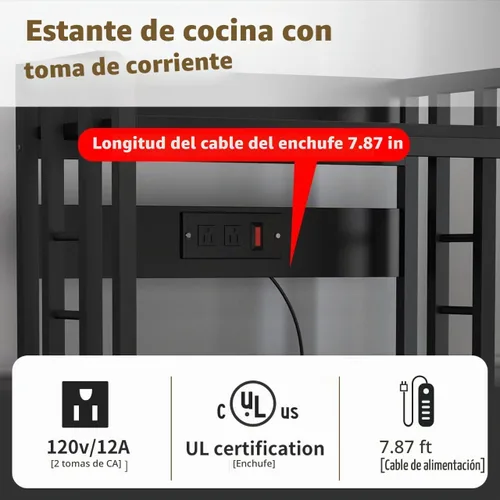Vista 4 de Estante para panaderos con toma de corriente, soporte para microondas de 4 niveles, estante para panaderos de cocina independiente, soportes