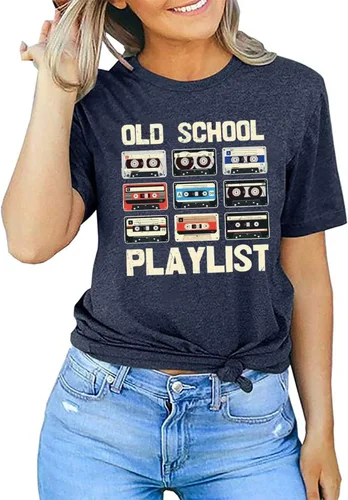 Vista 4 de Camiseta retro de los años 80 para mujer, cinta de casete, música de la vieja escuela, camiseta gráfica vintage, camisetas casuales sueltas