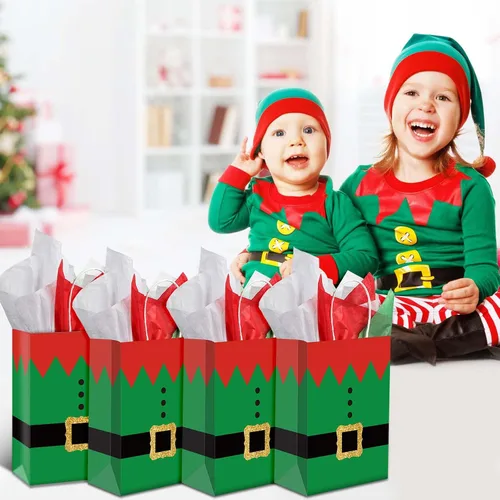 Vista 6 de Blulu 16 piezas de bolsas de regalo de papel para Navidad, elfos de Navidad con impresión de traje de elfo, bolsas de fiesta de Navidad con asa