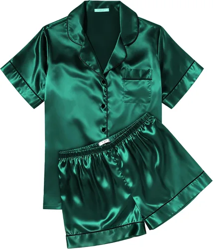 Vista 9 de Ekouaer Conjunto de pijama de satén de seda para mujer, suave, de manga corta, con botones, ropa para dormir, camiseta y pantalones cortos, juego