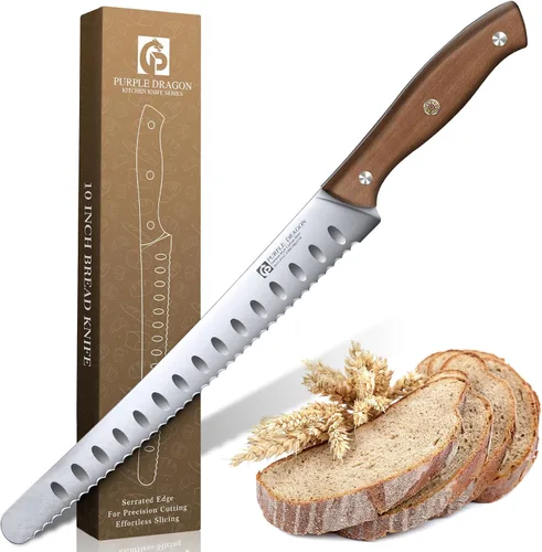 Vista 9 de Juego de 4 cuchillos de carne serrados de Purple Dragon de acero alemán de alto carbono con mango cuadrado de madera - Corte sin esfuerzo - Regalo