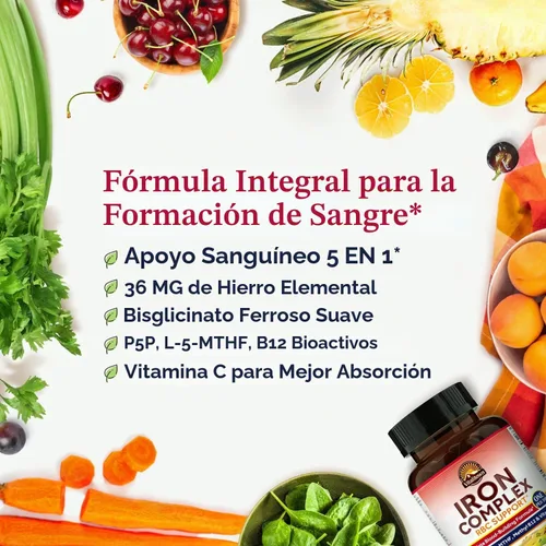 Vista 3 de Vitalitown Complejo de hierro, fórmula completa de construcción de sangre Bisglicinato ferroso, B6 activo, folato, B12, soporte de glóbulos rojos