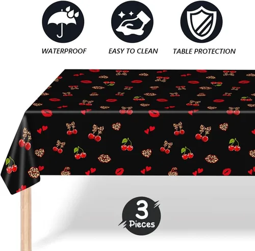 Vista 6 de 3 manteles de plástico desechables de 54 x 108 pulgadas, estampado de leopardo rojo y negro con labios rojos, manteles impermeables para cumpleaños