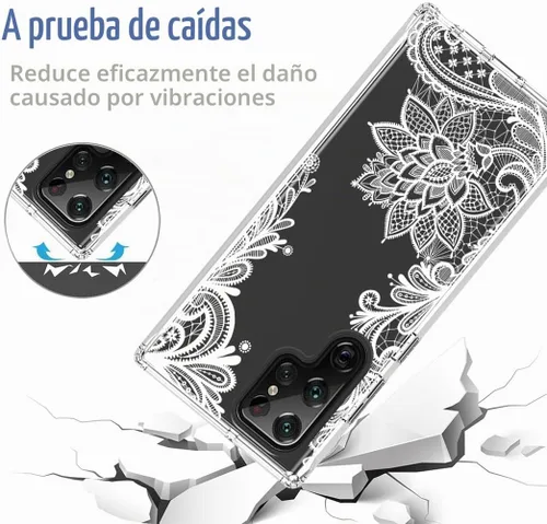Vista 7 de Funda para Galaxy S22 Ultra 5G SM-S908U con protector de pantalla de vidrio templado, bonito patrón de mandala transparente, funda protectora