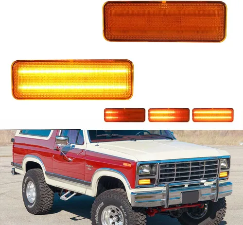 Vista 13 de Para 1980 1981 1982 1983 1984 1985 1986 Ford BRONCO F-150 F-250 F-350 Luces de marcador laterales de parachoques delantero lente ámbar LED