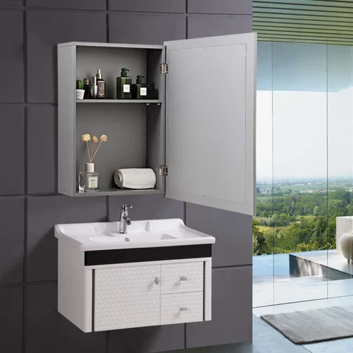 Vista 5 de Tangkula Armario de baño con espejo, gabinete de almacenamiento de montaje en pared con puertas individuales, botiquín colgante para baño (gris)
