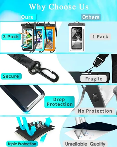 Vista 5 de Bolsa universal impermeable para teléfono, paquete de 3, IPX8, protector de agua para teléfono, funda compatible con iPhone 14, 13, 12 Pro Max