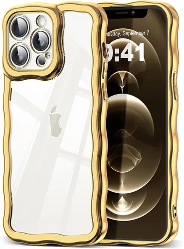 Vista 10 de SKYLMW Funda compatible con iPhone 12 Pro, diseño de ondas rizadas kawaii, borde chapado de lujo, elegante parte trasera transparente brillante, TPU