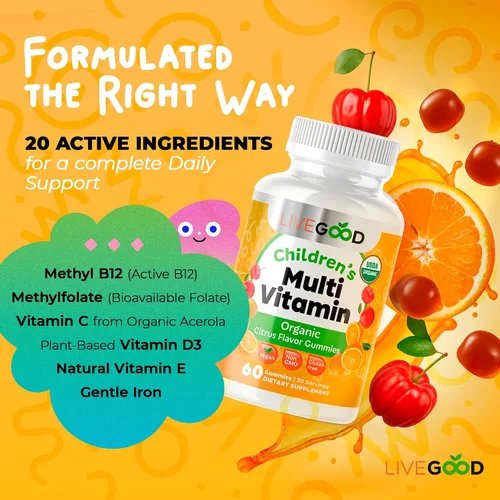 Vista 5 de LIVEGOOD Gomitas multivitamínicas orgánicas para niños, multivitamínico para niños, vitamina D para niños pequeños y niños, vitaminas orgánicas