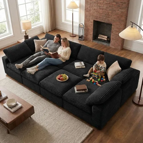 Vista 10 de KKL Sofá modular de 150 pulgadas, sofá modular en forma de U con otomana, sofá de pana sin hueso para sala de estar y dormitorio, sofá modular Negro