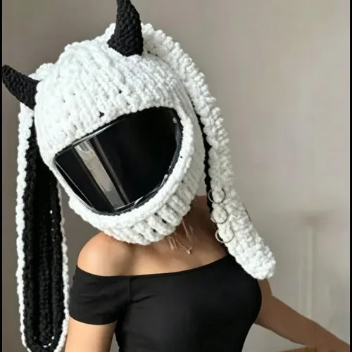Vista 5 de Lindas fundas para casco de motocicleta con orejas de gato/conejo, cubierta de decoración de casco de cara completa divertida de felpa, gorro