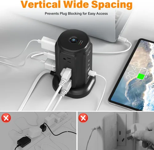 Vista 6 de AiJoy Power Strip Tower con 9 salidas de CA y estación de carga de 5 puertos USB 1200J Surge Protector, 6.5 Feet Extension Cord with Multiple